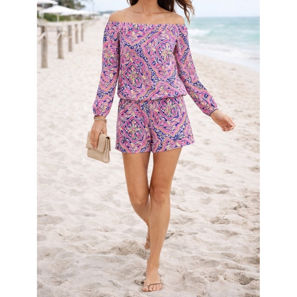 LILLY PULITZER Lana Romper M Off-Shoulder Can't Resist Fish Print Beach Resort